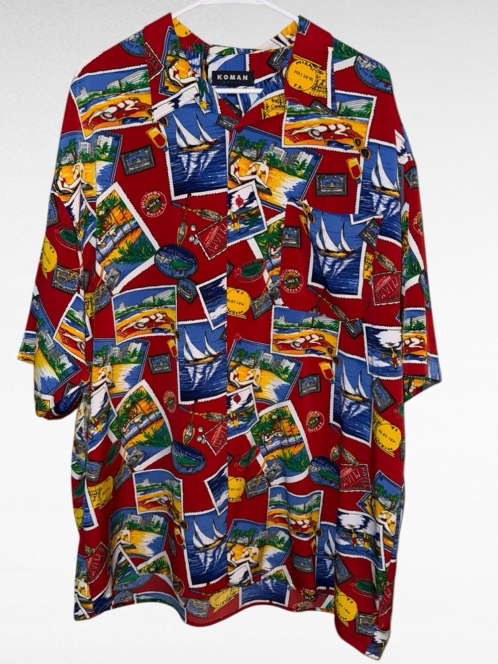 🌺VTG KOMAN SPORT STAMPS & POSTCARD BEACH BUTTON DOWN SHIRT
